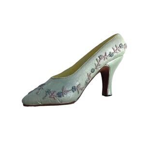 Vintage Collectible Miniature Shoe Decoration Resin Green with Floral Design